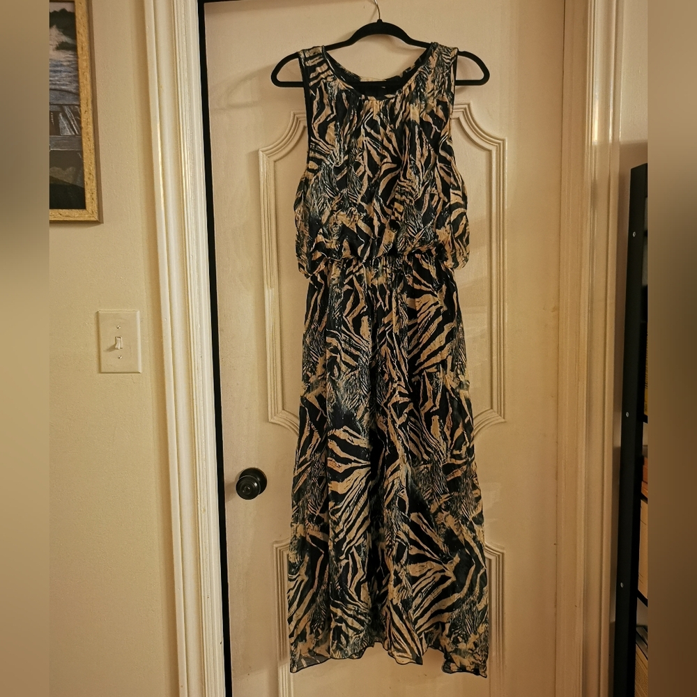 Silk blend sleeveless dress navy beige Bellambra